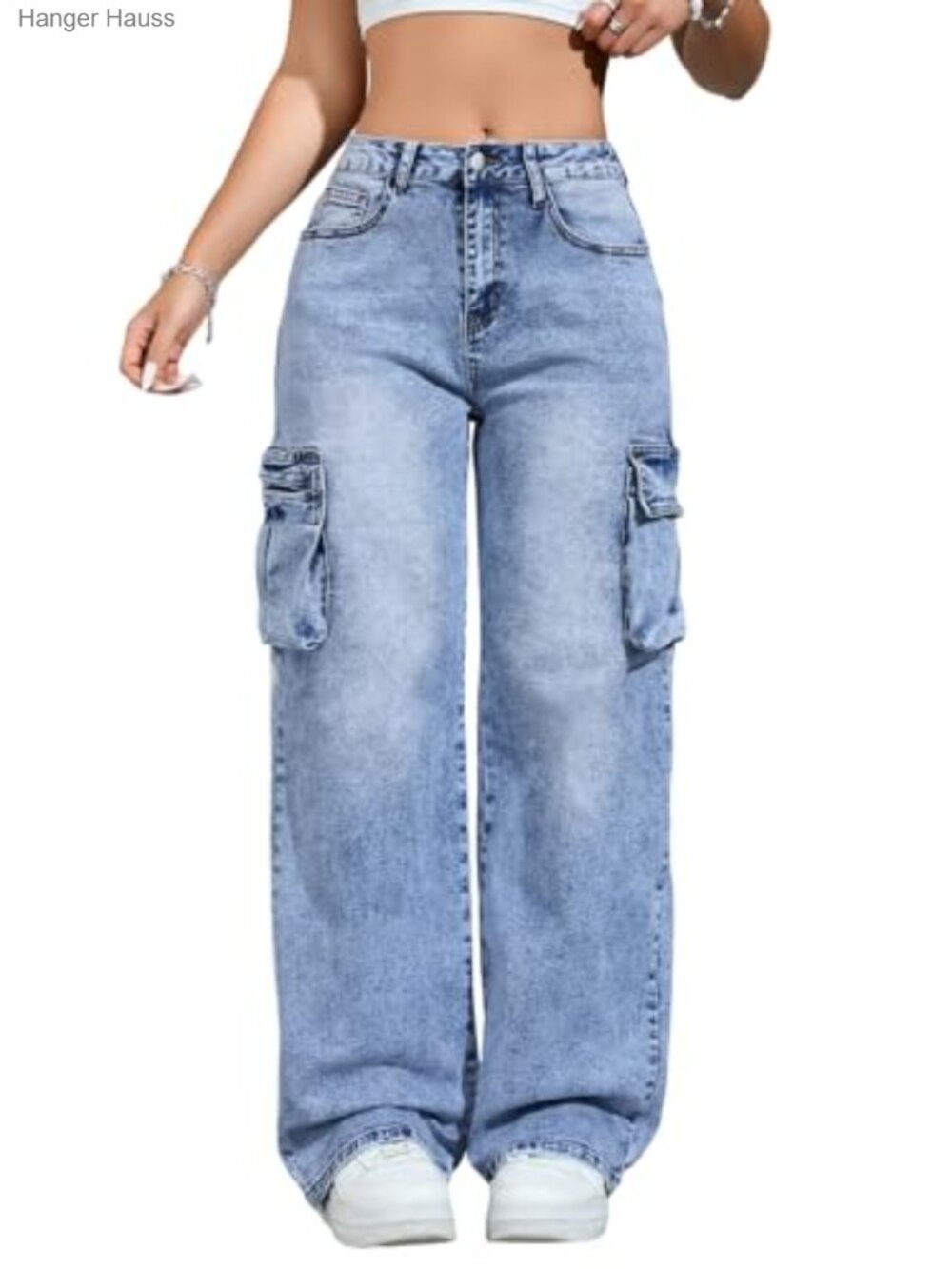 High Waisted Cargo Jeans with 6 Pockets Straight Wide Leg Denim Pants